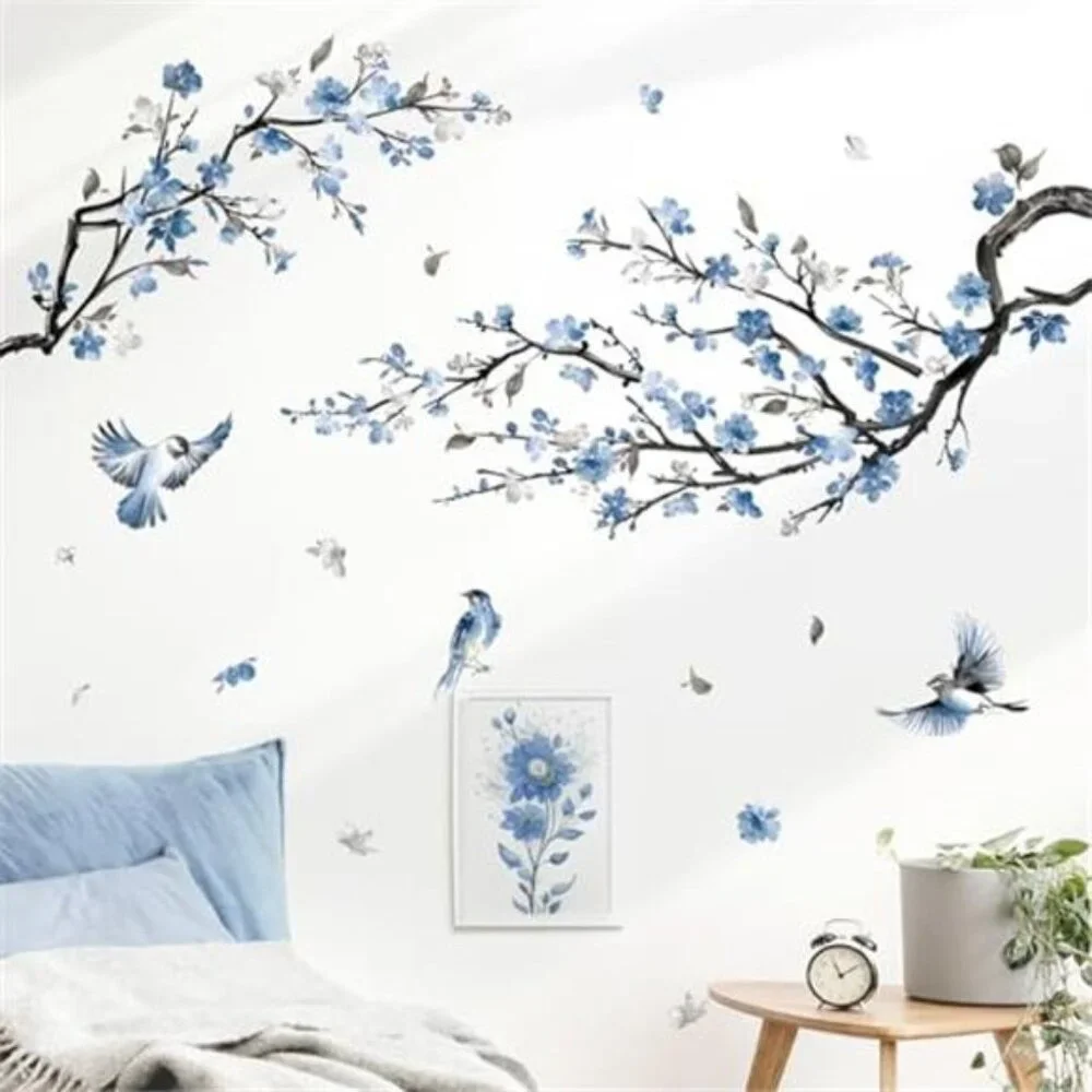 Blue Flower Wall Decals Watercolor Tree Branch Floral Stickers Bedroom Living